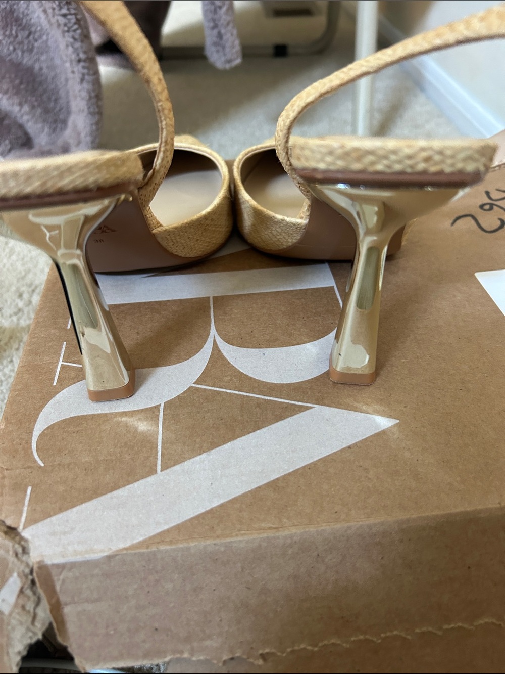 Zara Beige Pointed-Toe Slingback Heels with Metallic Sculpted Heel - Picture 3 of 6